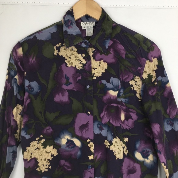 Allison Taylor Silk Blouse Dark Floral Button Up Women’s Size S Purple Feminine - Picture 3 of 10